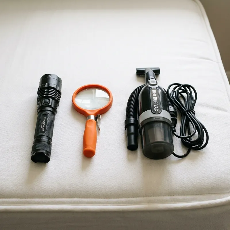 Bed bug exterminator - Professional bed bug inspection tools including flashlight and magnifying glass